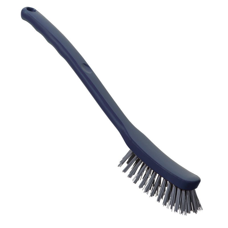 The METDEC PREM. UNIVERSAL BRUSH PBT from Haug Bürsten KG is a gray-blue cleaning brush (296x25x23mm) with a long, angled handle and stiff bristles, depicted on a white background.