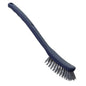 The METDEC PREM. UNIVERSAL BRUSH PBT from Haug Bürsten KG is a gray-blue cleaning brush (296x25x23mm) with a long, angled handle and stiff bristles, depicted on a white background.