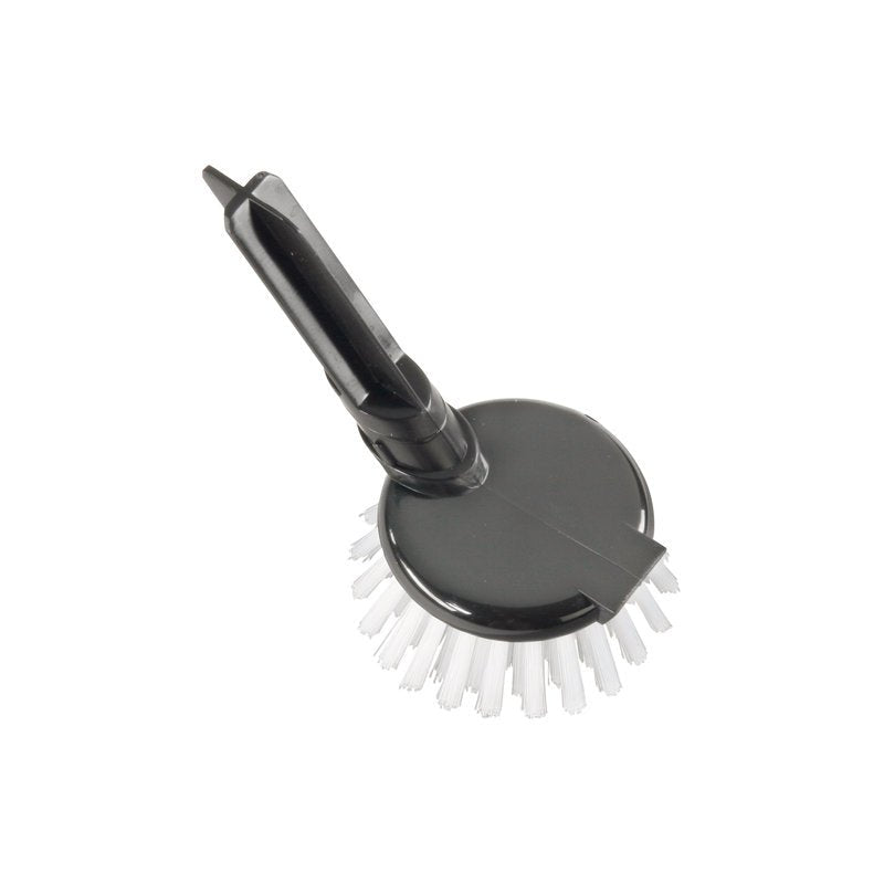 A black-grey dish brush from Haug Bürsten KG, with a white REPLACEMENT HEAD ROUND with PBT Ø0.35MM medium for Art. 15090/15190/15390 and an angled handle with hanging hole, ideal as a cleaning tool for your kitchen.