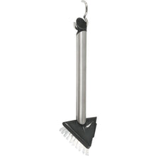 The TRIANGULAR DISH BRUSH, STAINLESS STEEL PBT TRANSPARENT, Ø0.35MM MEDIUM from Haug Bürsten KG with metal handle and hanging hook is ideal for kitchen cleaning.