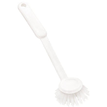 The ROUND DISH BRUSH from Haug Bürsten KG features stiff, durable PBT bristles (Ø0.35 mm), a long handle with a hanging hole, and a size of 255 x 70 x 23 mm - ideal for kitchen cleaning.