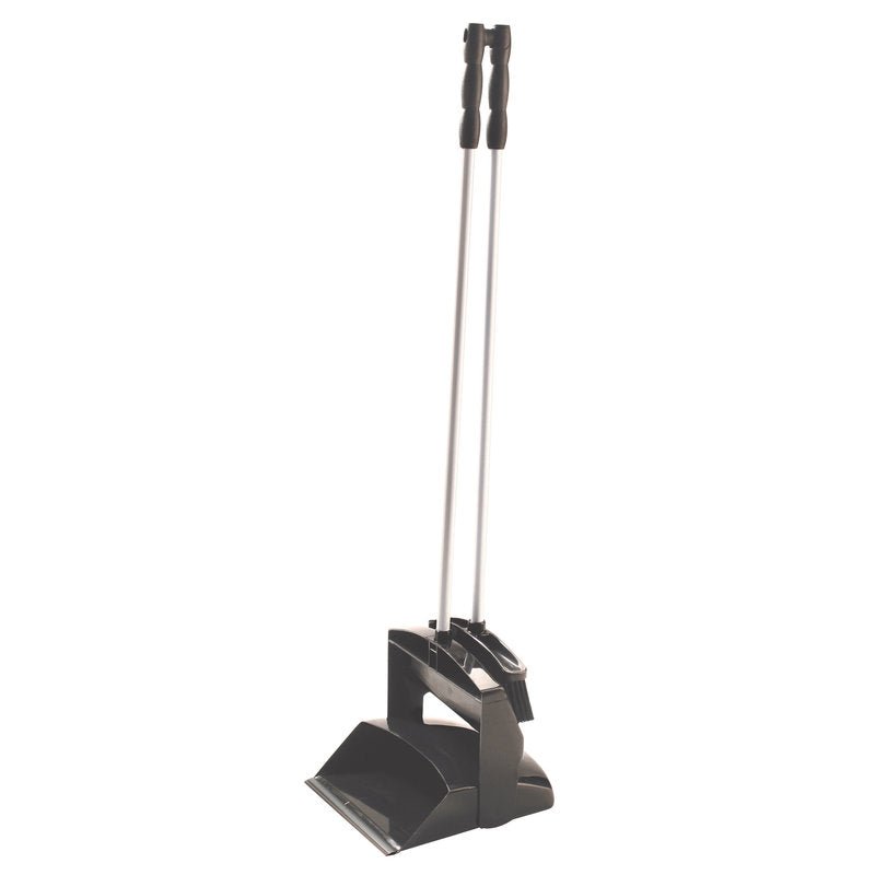 The FUTURA dustpan set from Haug Bürsten KG consists of a dustpan made of black polypropylene and a broom with a long steel handle (height 1000 mm), both of which can stand upright and be nested for compact storage.