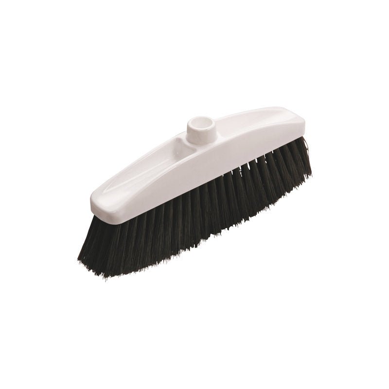 The BROOM FOR FUTURA SWEEPING SET POLY.BLACK ø 0.20MM WHITE from Haug Bürsten KG is a white broom head made of plastic with black bristles and a 20mm center hole for handle attachment, depicted on a plain white background.
