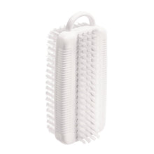 The NAIL BRUSH DOUBLE, NYL.6.6 WHITE, Ø0.35MM MEDIUM/HARD from Haug Bürsten KG is a rectangular white nail brush with medium-hard Nylon 6.6 bristles on both sides and a small upper handle, ideal for cleaning nails and small surfaces.
