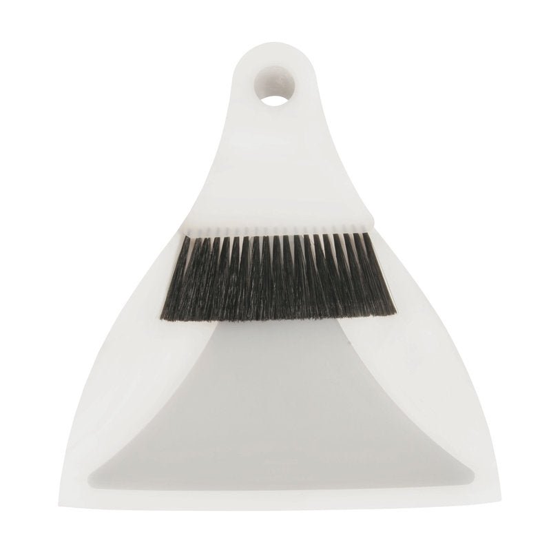 The FLEXI DUSTPAN SET/TABLE SWEEPER POLYESTER, ø 0.20MM SOFT from Haug Bürsten KG is a compact white dustpan and matching hand broom with black bristles, minimalist design, hanging holes - ideal cleaning tool for the household.