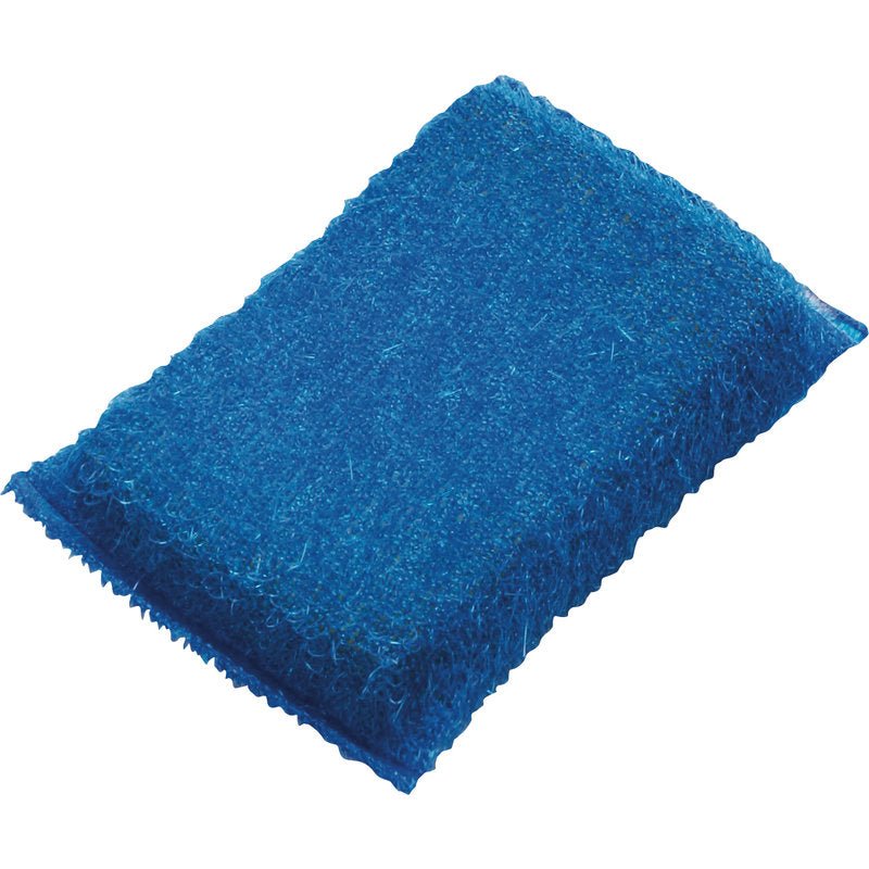 Pictured is a rectangular blue ABRASIVE SPONGE, SMALL, PP, HARD (130x85x30mm) from Haug Bürsten KG with a textured surface for efficient kitchen cleaning on a white background.