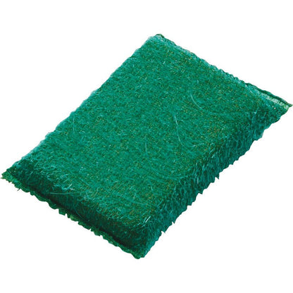 The Haug Bürsten KG ABRASIVE SPONGE, SMALL, PP, HARD (130x85x30mm) is a green, rectangular sponge with a textured surface, ideal for cleaning dishes and surfaces during kitchen cleaning. Delivered on a VK card.