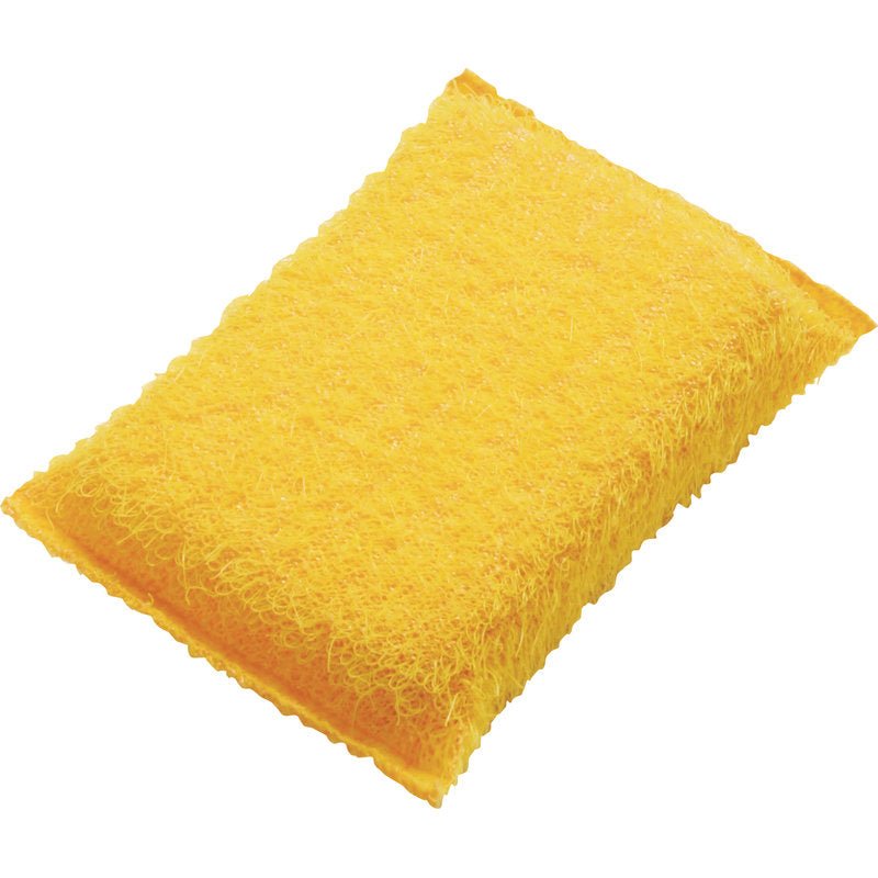 Pictured is a yellow rectangular ABRASIVE SPONGE, SMALL from Haug Bürsten KG (130x85x30mm, PP, hard) with a textured fiber scrubbing surface on a white background.