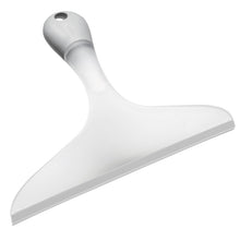 The Haug Bürsten KG SOFT-GRIP WINDOW WIPER, WITH ATTACHED LIP, 250MM, WHITE features a white-silver plastic design with a wide blade and hanging hole, ideal for streak-free window cleaning.