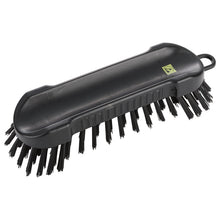 The Haug Bürsten KG ESD SCRUB BRUSH ROUND, NYL.6.0 BLACK (185x45x26mm) is a black, conductive plastic brush with stiff bristles on both sides and a hanging hook, ideal for cleaning sensitive surfaces, depicted on a white background.