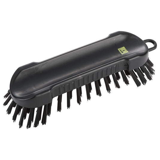 The Haug Bürsten KG ESD SCRUB BRUSH ROUND, NYL.6.0 BLACK (185x45x26mm) is a black, conductive plastic brush with stiff bristles on both sides and a hanging hook, ideal for cleaning sensitive surfaces, depicted on a white background.