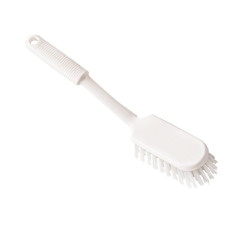 The Haug Bürsten KG STIELSCHEUERBÜRSTE with transparent, stiff PBT bristles (ø 0.50mm), 290x45x24mm, has a textured handle with a hanging hole and an oval head. Photographed on a solid white background.