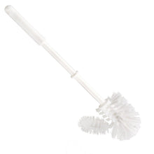 The Haug Bürsten KG WC-RIM CLEANING BRUSH, SMALL has stiff 0.35mm bristles, an angled head, and a long white PP handle (365xø75mm), depicted isolated on a white background.