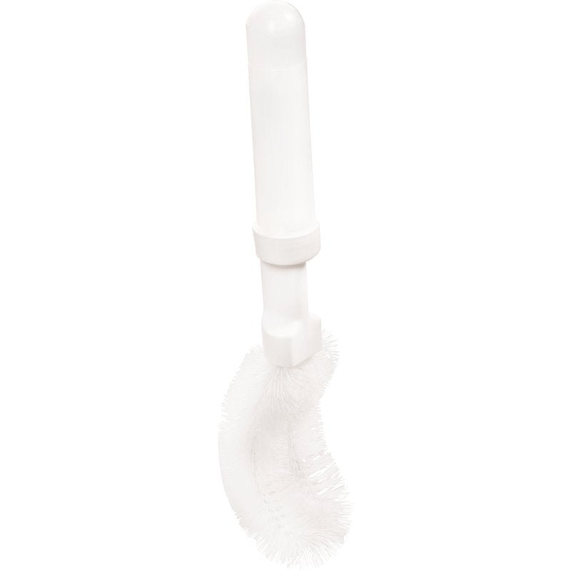 The URINAL BRUSH WITH DISPENSER NYL.6.0 WHITE from Haug Bürsten KG features a straight plastic handle and curved, flexible nylon bristles (ø 0.35mm) for hygienic cleaning of hard-to-reach areas, angled for efficient use.