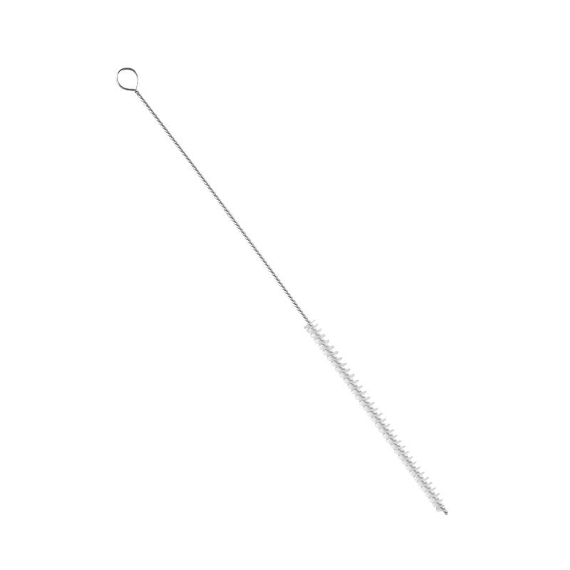 The Haug Bürsten KG PIPE BRUSH, NYLON 6.0 TRANSPARENT, Ø0.10MM SOFT, 505XØ12X225MM features soft bristles and a twisted wire handle with a loop for precise cleaning of narrow pipes. Ideal as a gentle yet effective nylon pipe brush.