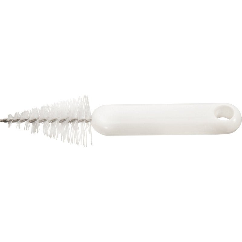 The Haug Bürsten KG NOZZLE BRUSH, ø 3/28mm, Nylon 6.6 white with ø 0.30mm medium bristles is ideal for cleaning tight spaces. Its white plastic handle has a hanging hole; perfect as practical baking accessory.