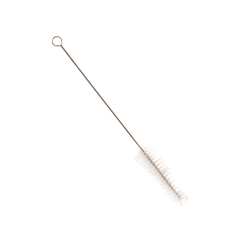 The TEST TUBE BRUSH, PBT TRANSPARENT ø 0.20MM SOFT 300Xø 35/25MM from Haug Bürsten KG has soft white PBT bristles and a twisted wire handle with a loop - ideal for cleaning in the laboratory. The brush is isolated on a white background.