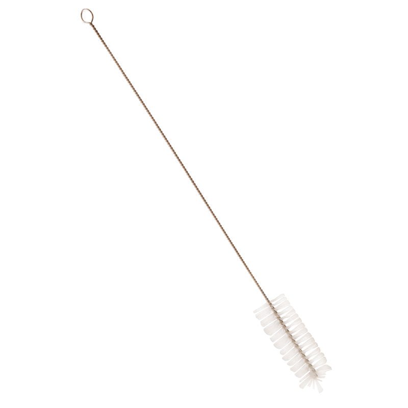The PIPE BRUSH, NYLON.6.0, TRANSPAR. ø 0.35MM SOFT, 500xø40MM from Haug Bürsten KG features soft nylon bristles and a twisted handle with a loop for effective pipe cleaning.