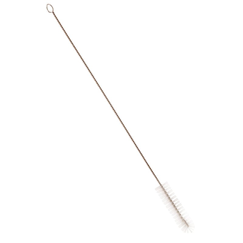 The Haug Bürsten KG PIPE BRUSH, NYLON 6.0 TRANSPARENT ø 0.35MM MEDIUM 450Xø25MM features a loop handle and white nylon bristles for cleaning narrow containers or pipes.