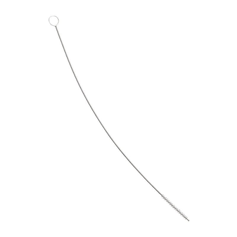 The Haug Bürsten KG HOSE BRUSH, PBT transparent ø0.20mm hard, 350 x ø5 x 50mm is a long, thin metal brush with a loop handle and angled PBT bristles, ideal for cleaning hoses and pipes; depicted on a white background.