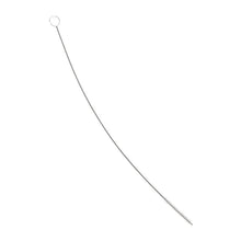 The Haug Bürsten KG HOSE BRUSH, PBT transparent ø0.20mm hard, 350 x ø5 x 50mm is a long, thin metal brush with a loop handle and angled PBT bristles, ideal for cleaning hoses and pipes; depicted on a white background.