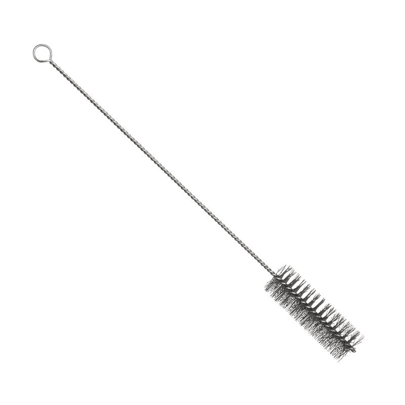 The METAL DETECT PIPE BRUSH, STAINLESS STEEL WIRE, PBT GRAY, 500xØ40mm from Haug Bürsten KG features dense cylindrical bristles and a twisted wire stem with a looped end. Pictured on a white background; ideal for fine cleaning of pipes.