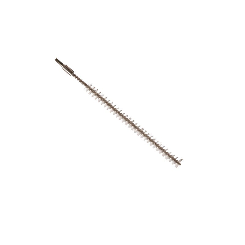The Haug Bürsten KG PIPE BRUSH, PBT TRANSPARENT, Ø0.40MM HARD, 200XØ12MM, EXTENDABLE has stiff bristles and a straight handle - ideal for pipe cleaning. Pictured isolated on white.