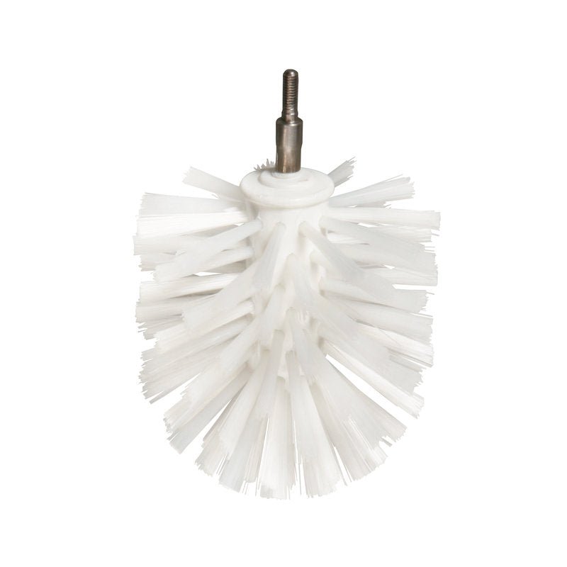 The EXTENDABLE BALL BRUSH, PBT, HARD from Haug Bürsten KG is a white, cylindrical brush with hard bristles and a metal attachment at the top end, designed for use with power tools or cleaning equipment.