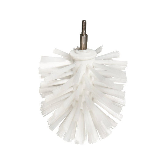 The EXTENDABLE BALL BRUSH, PBT, HARD from Haug Bürsten KG is a white, cylindrical brush with hard bristles and a metal attachment at the top end, designed for use with power tools or cleaning equipment.