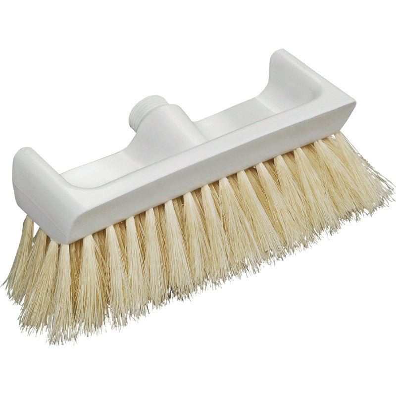 The OVEN BROOM WITH SCRAPING EDGE NATURAL FIBRE, 270X100X65MM from Haug Bürsten KG is a white plastic scrub head with stiff natural fiber bristles and a threaded hole for handle attachment.