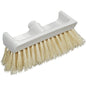 The OVEN BROOM WITH SCRAPING EDGE NATURAL FIBRE, 270X100X65MM from Haug Bürsten KG is a white plastic scrub head with stiff natural fiber bristles and a threaded hole for handle attachment.