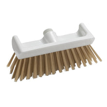 The OVEN BROOM WITH SCRAPER EDGE PEEK NATURAL from Haug Bürsten KG is a 270x100x65mm large, rectangular brush head with stiff, light brown bristles and a white plastic base with a threaded opening at the handle.