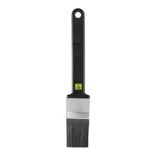 Flat, black handle Haug Bürsten KG ESD FLAT BRUSH NYL6.0 with soft synthetic bristles (ø0.30mm), metal ferrule and handle hole; ideal for gentle antistatic cleaning of sensitive electronics. Pictured on white.