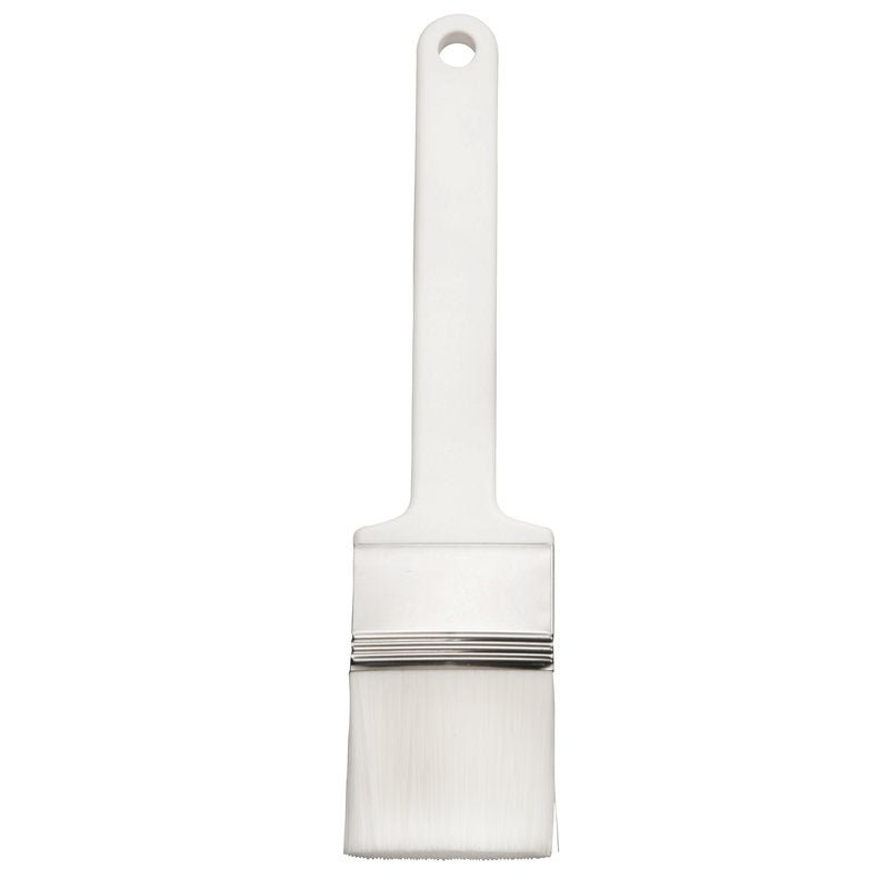 The Haug Bürsten KG FLAT BRUSH, PBT WHITE TAPERED Ø 0.25MM SOFT (225x50x45mm) features soft white PBT bristles, a rectangular plastic handle with a hanging hole, and a metal ferrule - ideal for precise painting.