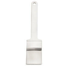 The Haug Bürsten KG FLAT BRUSH, PBT WHITE TAPERED Ø 0.25MM SOFT (225x50x45mm) features soft white PBT bristles, a rectangular plastic handle with a hanging hole, and a metal ferrule - ideal for precise painting.
