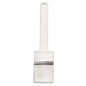 The Haug Bürsten KG FLAT BRUSH, PBT WHITE TAPERED Ø 0.25MM SOFT (225x50x45mm) features soft white PBT bristles, a rectangular plastic handle with a hanging hole, and a metal ferrule - ideal for precise painting.