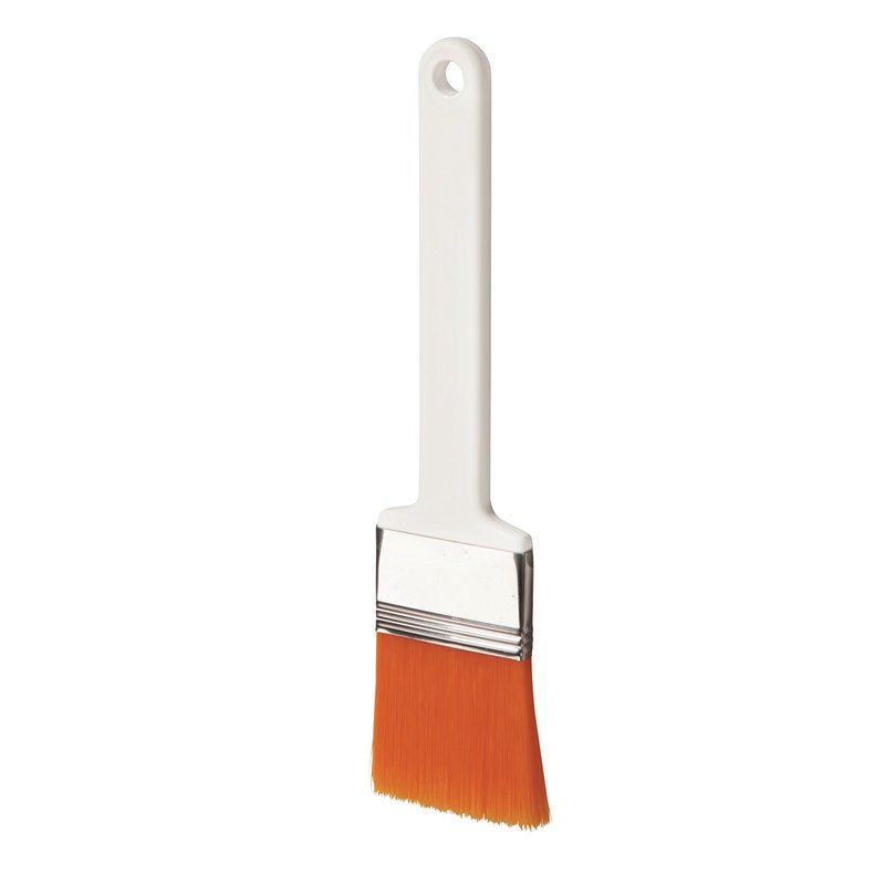 The ANTI BAC FLAT BRUSH PBT ORANGE, ø 0.25MM SOFT from Haug Bürsten KG features a white plastic handle, a silver ferrule, and orange bristles, depicted on a solid white background for hygienic use.