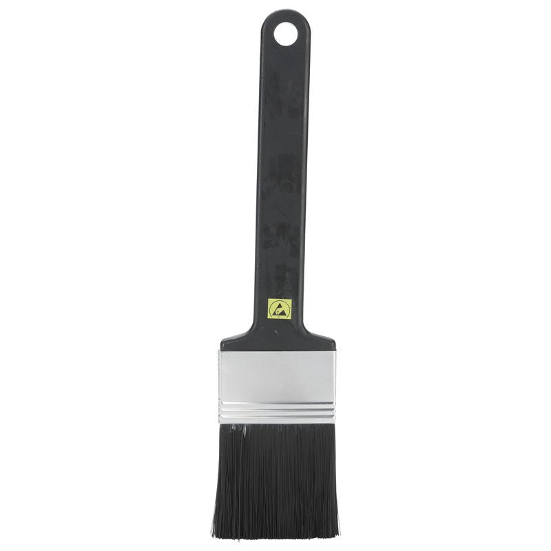 The ESD FLAT BRUSH, NYL. 6.0 BLACK Ø0.30MM SOFT from Haug Bürsten KG has a black handle with a hanging hole, a flat silver ferrule, and soft black bristles - ideal for electronics cleaning - on a white background.