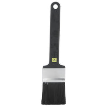 The ESD FLAT BRUSH, NYL. 6.0 BLACK Ø0.30MM SOFT from Haug Bürsten KG has a black handle with a hanging hole, a flat silver ferrule, and soft black bristles - ideal for electronics cleaning - on a white background.