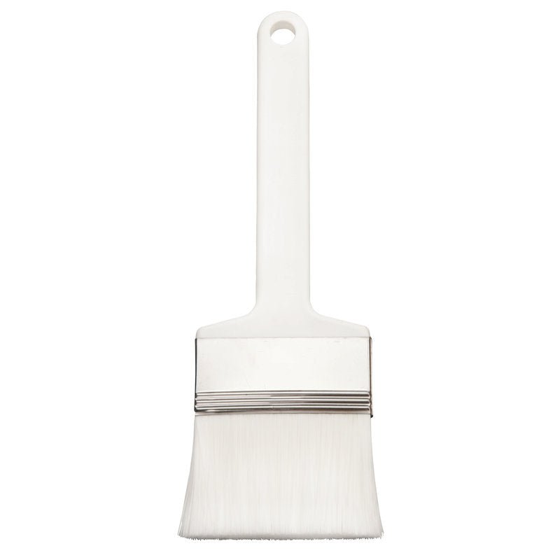The Haug Bürsten KG FLAT BRUSH, PBT WHITE POINTED ø 0.25MM SOFT (230x70x50mm) features soft white PBT bristles, a metal ferrule, and a plastic handle with a hanging hole, depicted upright against a white background.