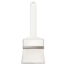 The Haug Bürsten KG FLAT BRUSH, PBT WHITE POINTED ø 0.25MM SOFT (230x70x50mm) features soft white PBT bristles, a metal ferrule, and a plastic handle with a hanging hole, depicted upright against a white background.