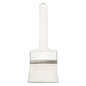The Haug Bürsten KG FLAT BRUSH, PBT WHITE POINTED ø 0.25MM SOFT (230x70x50mm) features soft white PBT bristles, a metal ferrule, and a plastic handle with a hanging hole, depicted upright against a white background.