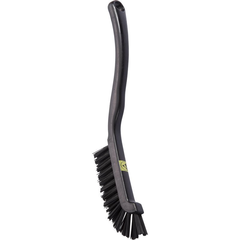 The Haug Bürsten The ESD Joint Brush features stiff 0.50 mm nylon bristles, a long, curved black handle (220x15x19 mm) with a hanging hole, and an ESD-safe handle marked with a small yellow label.
