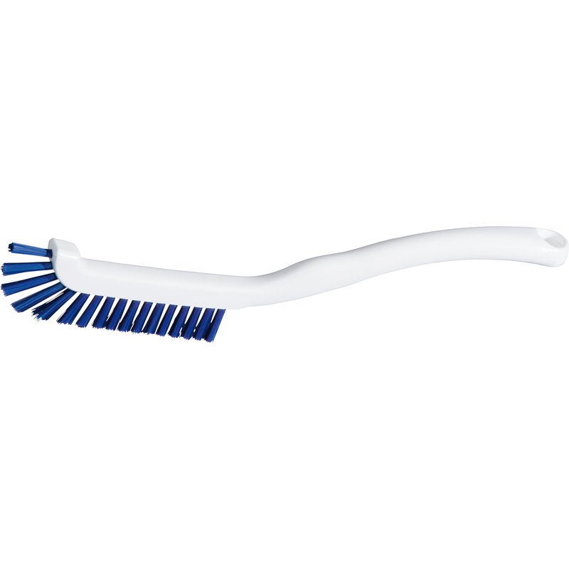 The Haug Bürsten KG KEYBOARD BRUSH features soft blue PBT bristles (ø0.25 mm) and a white, curved handle with a hanging hole; ideal for scrubbing keyboards. Dimensions: 220x15x19mm. Pictured on a white background.