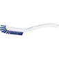The Haug Bürsten KG KEYBOARD BRUSH features soft blue PBT bristles (ø0.25 mm) and a white, curved handle with a hanging hole; ideal for scrubbing keyboards. Dimensions: 220x15x19mm. Pictured on a white background.