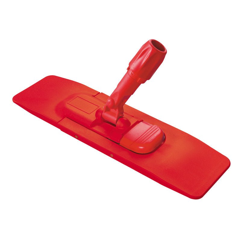 The KLAPPHALTER PLASTIC MAGNETIC CLOSURE RED 400X110MM from Haug Bürsten KG features a swivel joint, a socket for handle attachment, and a secure magnetic closure - ideal for cleaning cloths or pads.
