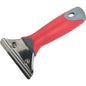 The WINDOW WIPER HANDLE, STAINLESS STEEL from Haug Bürsten KG has an ergonomic red-gray handle and a wide blade with two screws, which is perfect for removing material from flat surfaces when cleaning windows. Suitable for Art. 8525, 8535, 8545, 8689.