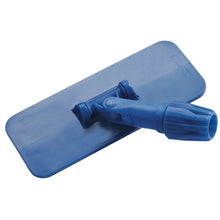 The FLOOR PAD HOLDER of Haug Bürsten KG is a blue, rectangular PP mop head (230x95x55mm) with a double joint and threaded sleeve for handle connection, ideal for floor cleaning; shown without pads on a white background.