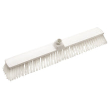 The Haug Bürsten KG LARGE AREA BROOM features stiff, transparent PBT bristles (ø 1.0 mm) and a central handle attachment. Size: 600x72x65mm. Pictured at an angle against a white background.