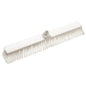 The Haug Bürsten KG LARGE AREA BROOM features stiff, transparent PBT bristles (ø 1.0 mm) and a central handle attachment. Size: 600x72x65mm. Pictured at an angle against a white background.